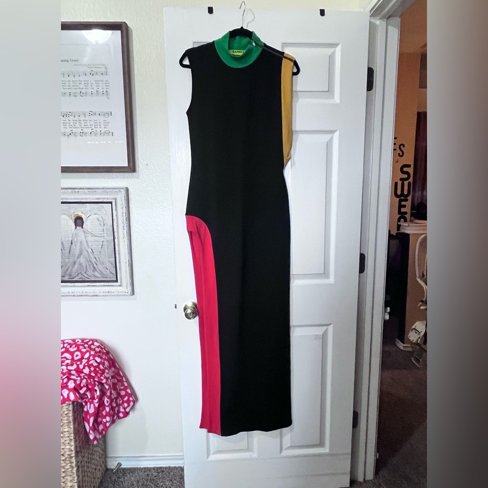 Black and Red, yellow and green Asymmetrical Sheath Dress with high Slit